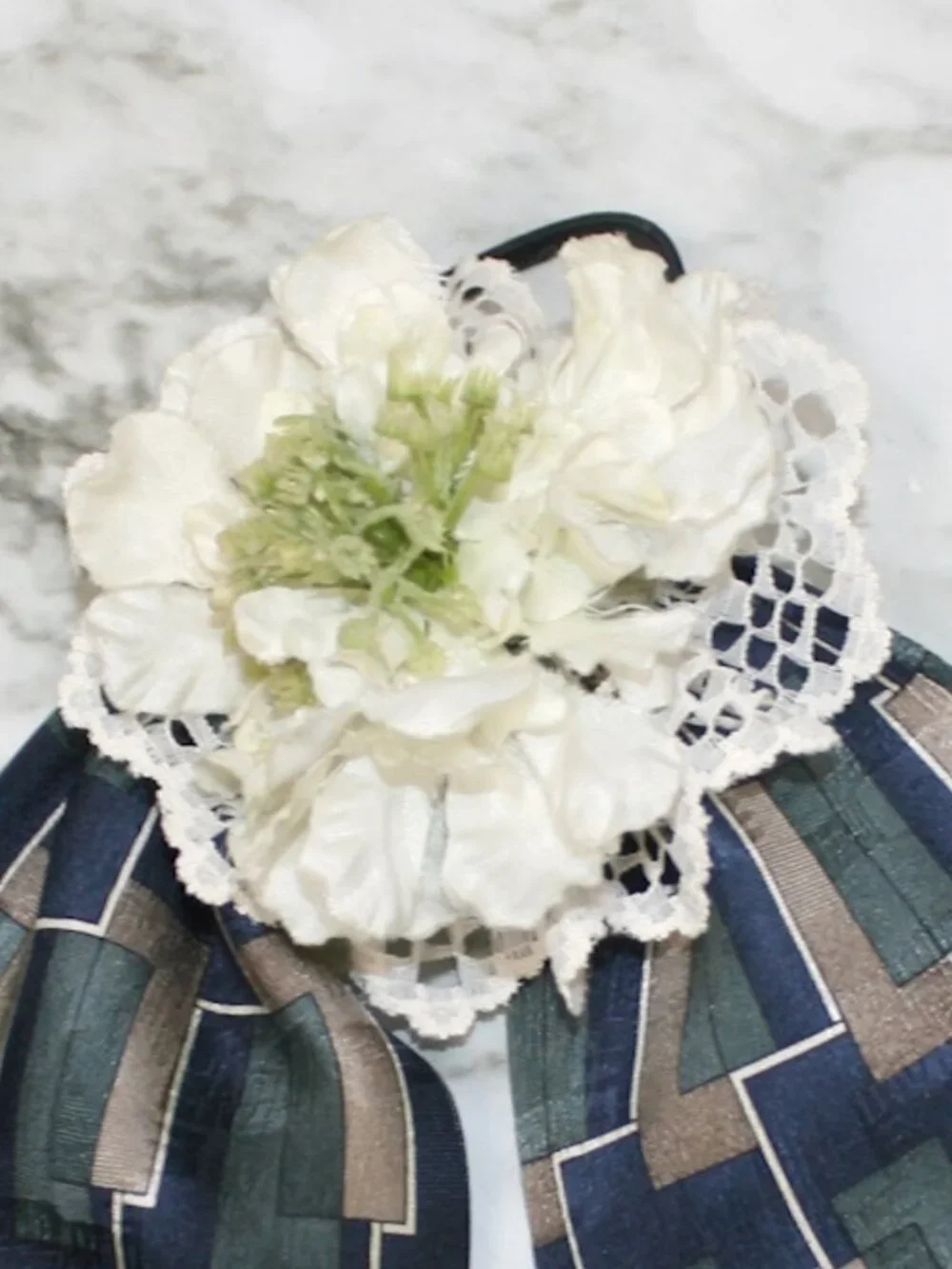 HAND CRAFTED Hair Scrunchy Bow Floral Upcycled Men's Silk Necktie Teal Blue